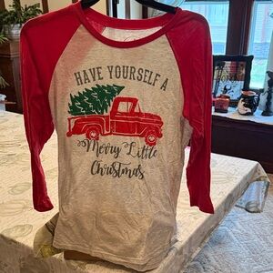 Jane Marie Women Merry Little Christmas Red Truck Raglan Baseball Tee Gray Small